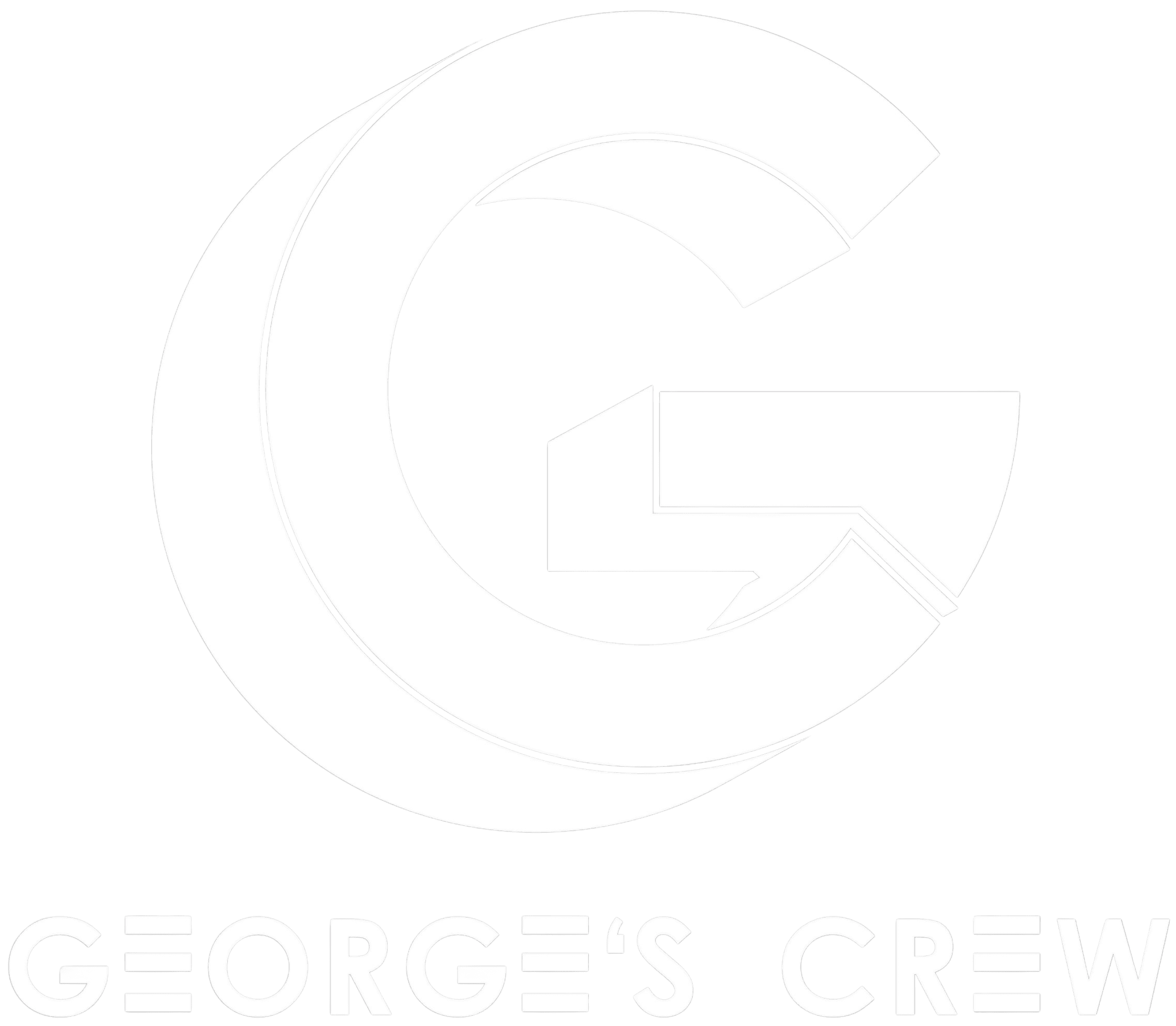 Logo featuring a large stylized letter "G" with the text "GEORGE'S CREW" written below it in all caps. The design is monochromatic with white elements on a black background.